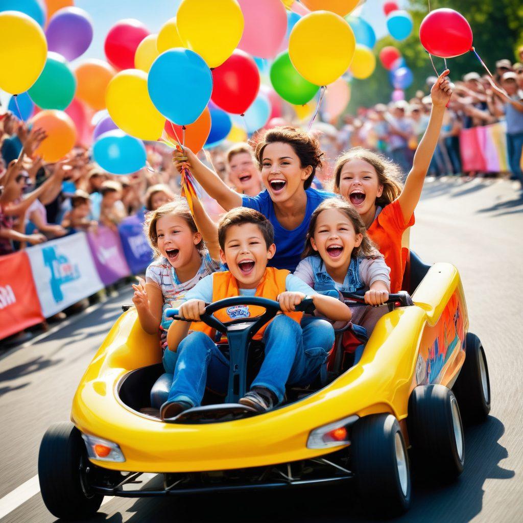 A vibrant family race day scene with excited children and parents cheering on colorful go-karts speeding around a track. Include a festive atmosphere with balloons and banners, showcasing both competitive spirits and joyful family moments. Capture the thrilling action with visible motion blur on the karts and wide smiles on the spectators' faces. bright colors, dynamic composition. super-realistic.