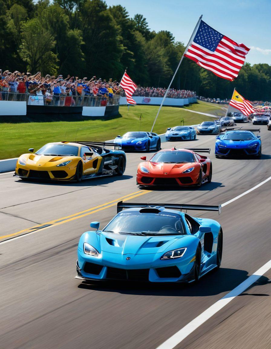 A dynamic scene depicting a family enjoying a race at Midwest Motorsport Park, with colorful racing cars zooming by on a track filled with cheering spectators. Include vibrant splashes of motion as kids wave flags and parents cheer, with lush green hills in the background and vivid blue skies above. Capture the excitement and camaraderie of family-friendly events, emphasizing the joy of speed and togetherness. super-realistic. vibrant colors. action-oriented.