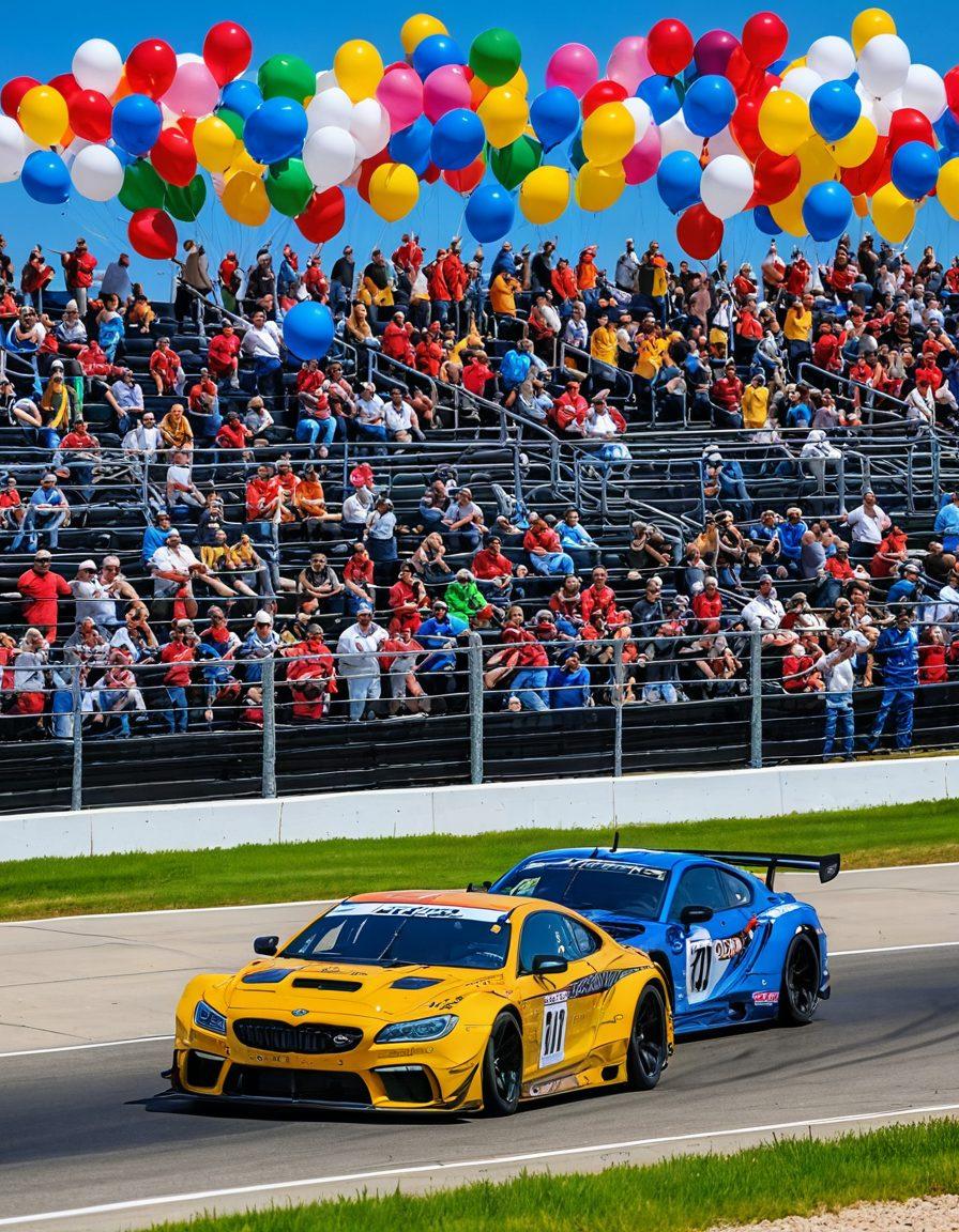 A dynamic scene capturing the thrill of motorsports with a diverse crowd cheering on colorful race cars speeding around the track at Midwest Motorsport Park. Include joyful families, friends celebrating, and balloons flying in the sky, conveying a sense of excitement and community. Bright and vibrant colors should dominate the scene, highlighting the festive atmosphere. super-realistic. vibrant colors. action-packed.